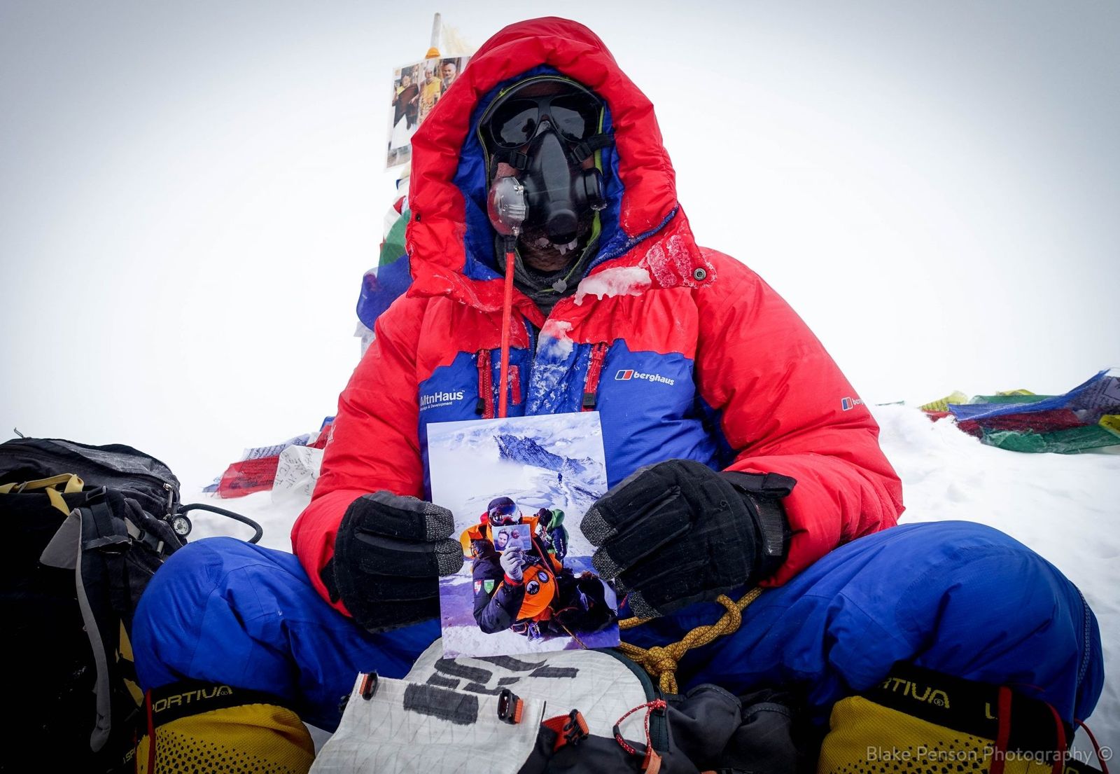 Me holding a photo of my mate Paul Pottinger who is holding a photo of Charlie and me which he took up when he summited last year. I climbed Everest with him in 2015 and Aconcagua in 2013.
