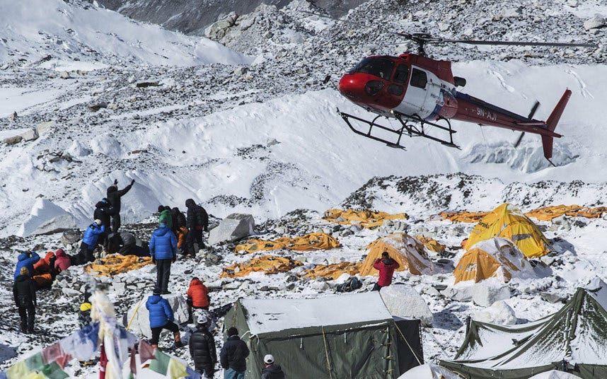 Image from the Telegraph. My tent is the first standing on the left with the guy in front of it. Our operator’s camp became the evacuation point for Base Camp