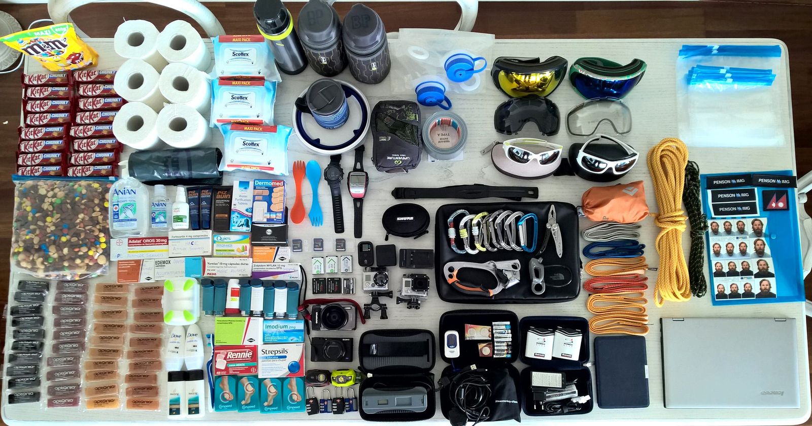 This photo contains all the larger items such as clothing, sleeping materials, boots, shoes and large climbing hardware.