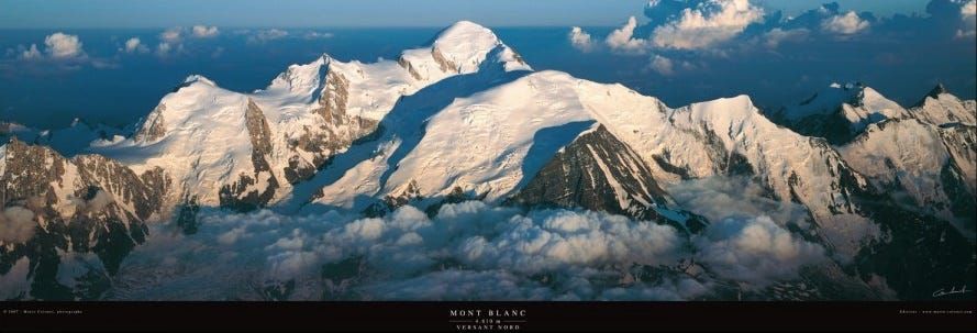 On my first visit to Chamonix I couldn’t resist buying a 150cm wide print of this beautiful photograph of the North Face of Mont Blanc by Mario Colonel. It sits front and centre of the collection of mountains on the wall of my home office.