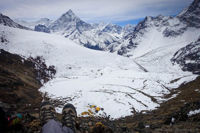 Acclimatisation trek looking down at Lobuche
