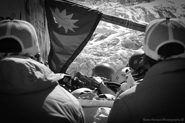 A collection of everybody’s climbing hardware ready to be blessed before sherpa start moving up the icefall tomorrow