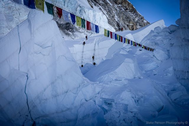 The way out of the Icefall onto the Western CWM…. a final long six span ladder up a wall of ice.