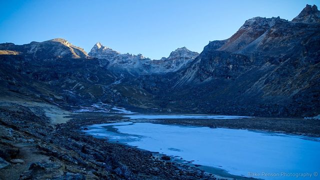 Frozen lake at the bottom of the pass
