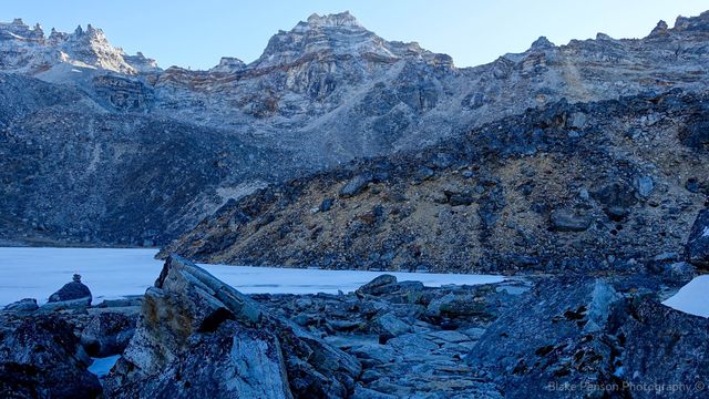 Frozen lake at the bottom of the pass