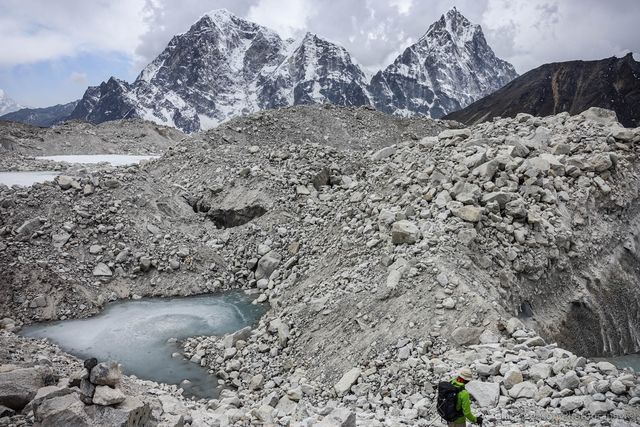 Crossing the Khumbu Glacier trying to get from the bottom of the pass to Lobuche