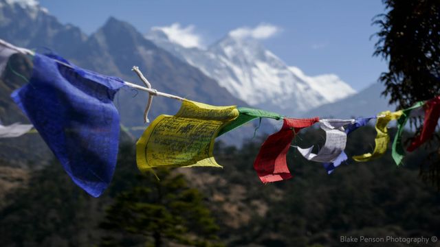 Prayer flags, Everest and Lhotse above Khumjung